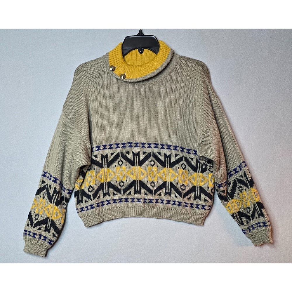 Vintage United Colors of Benetton Pullover Sweater Wool Turtleneck Geometric 80s